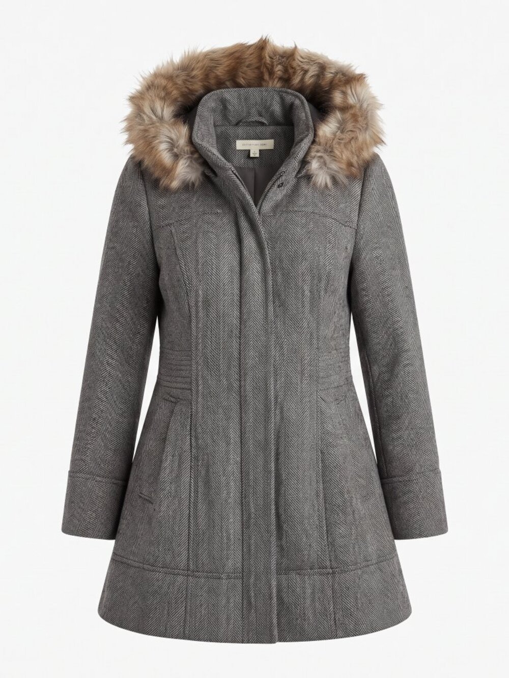 Esprit Vintage Gray Black Herringbone Hooded Winter Coat, Size XL